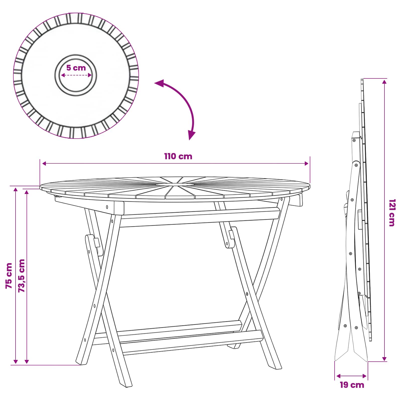 Opklapbare tuintafel Naturel Ø 110 x 75 cm Massief Teakhout