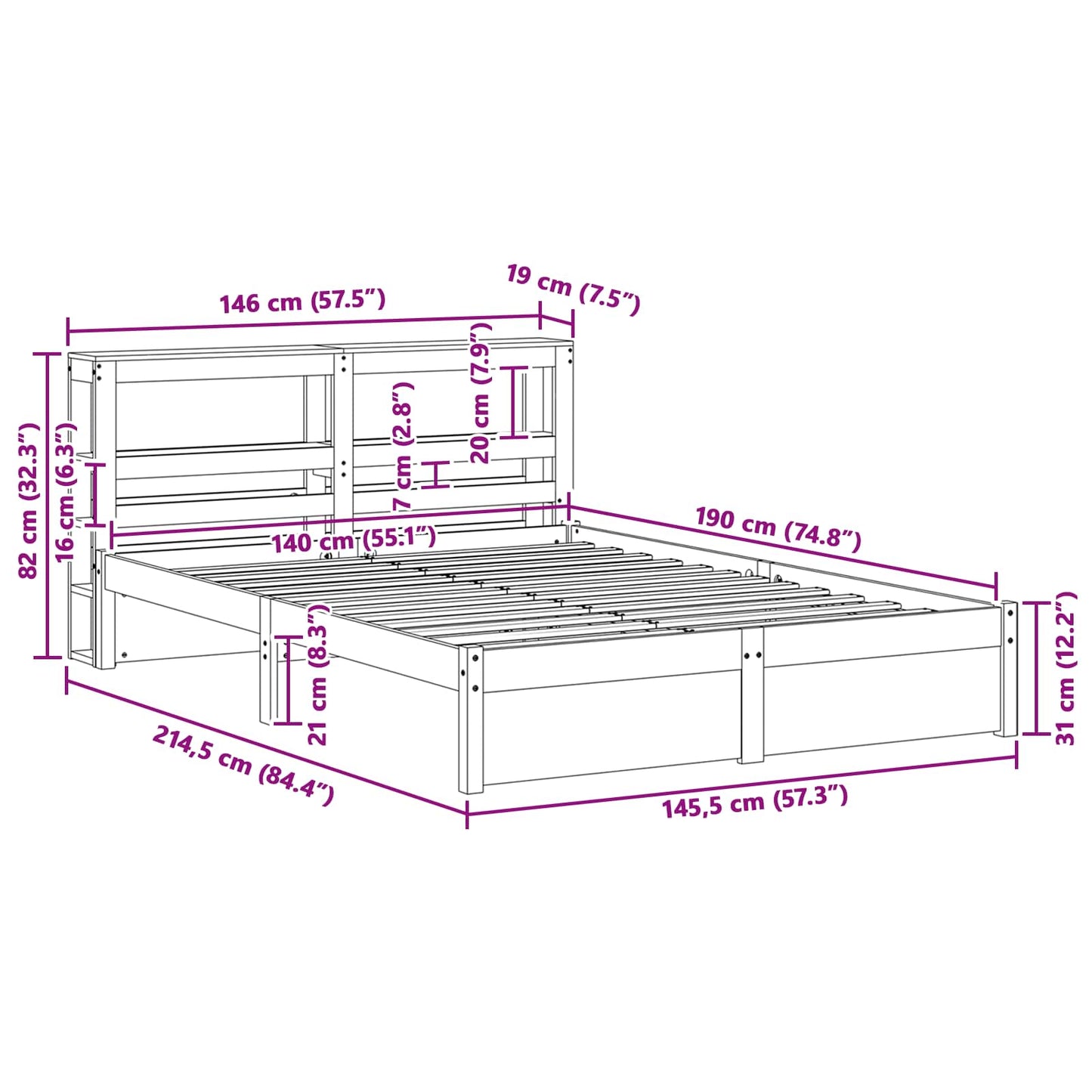Bedframe met hoofdeinde met opslag Wasbruin Massief Vurenhout