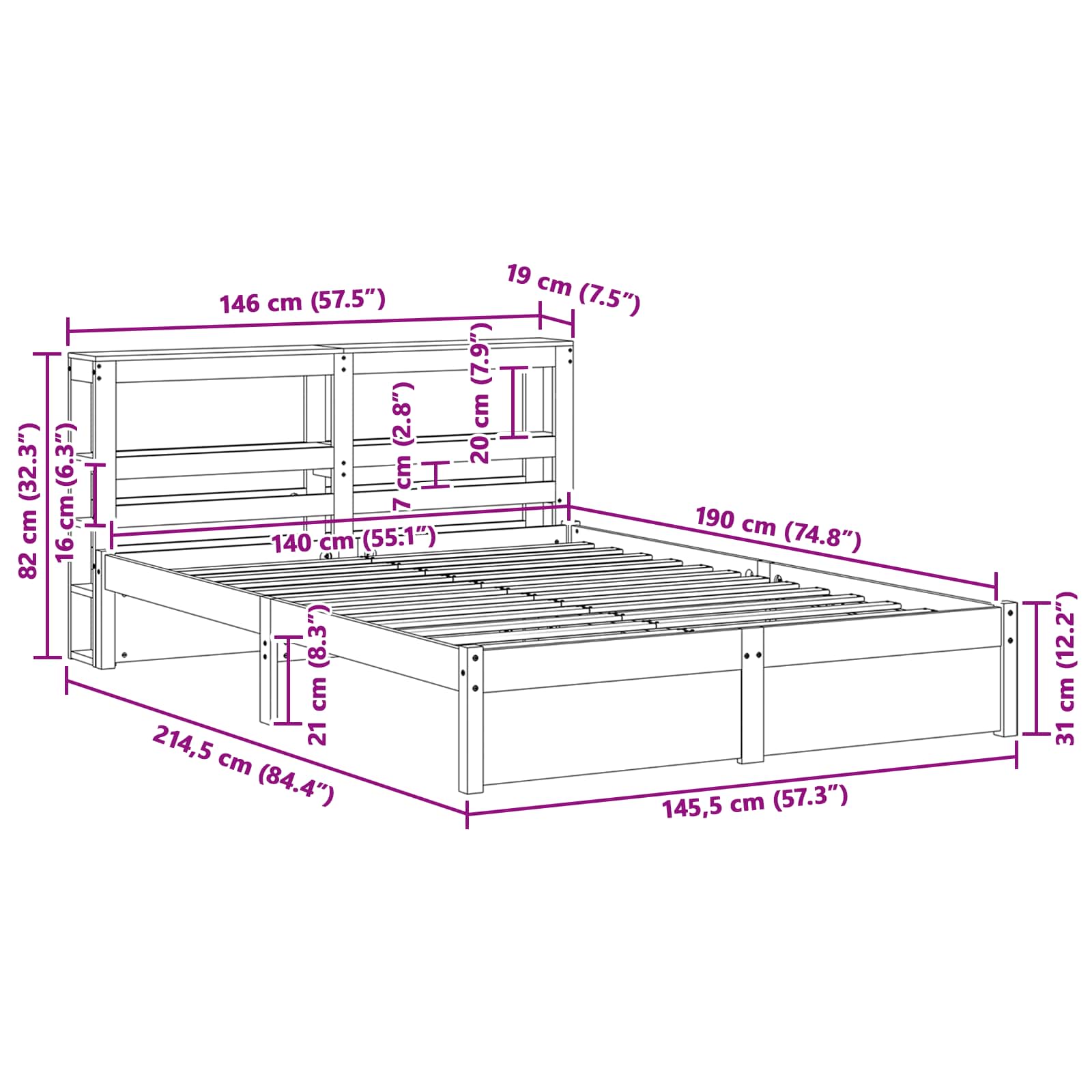 Bedframe met hoofdeinde met opslag Wasbruin Massief Vurenhout
