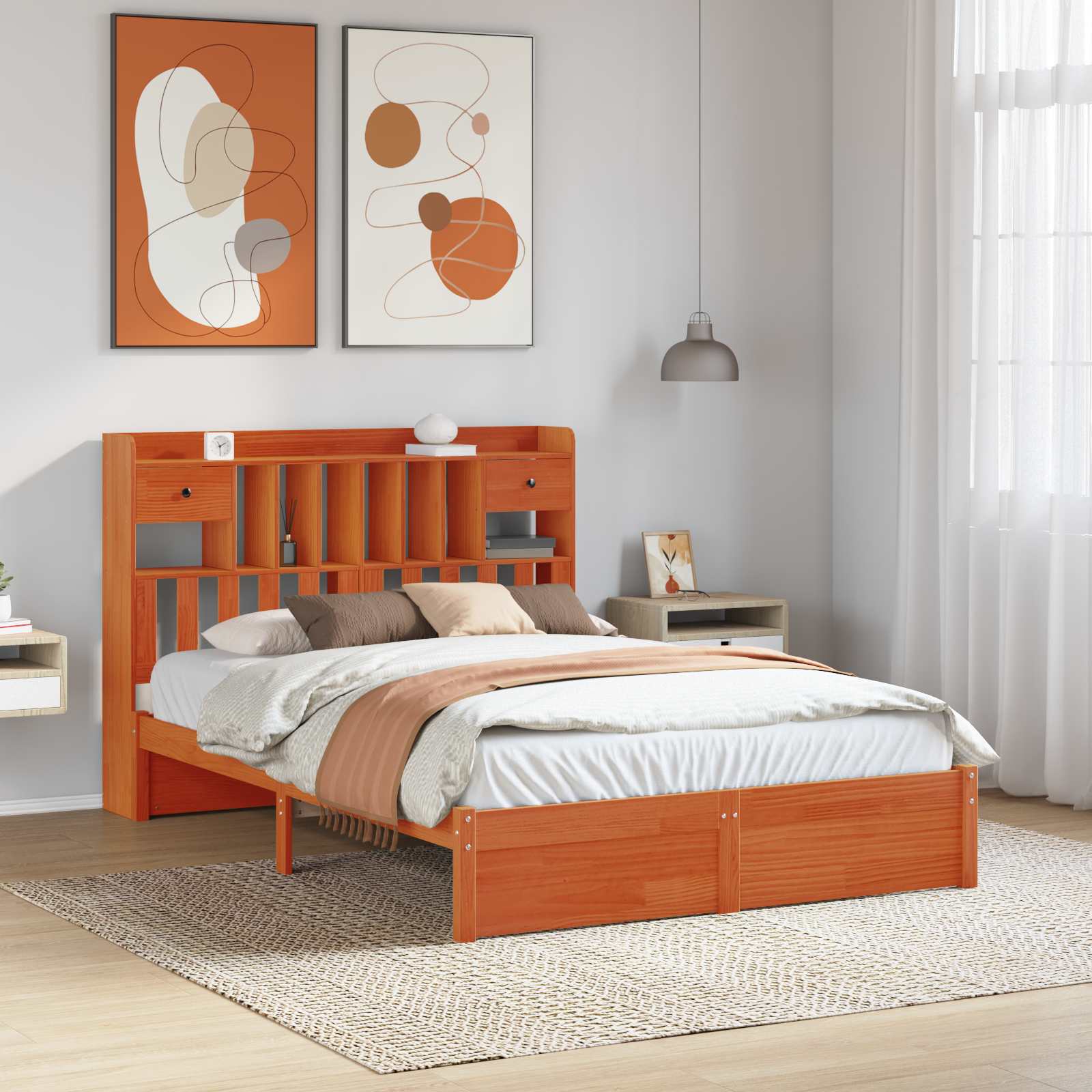 Boekenkast Bedframe met hoofdeinde met lade Massief Vurenhout