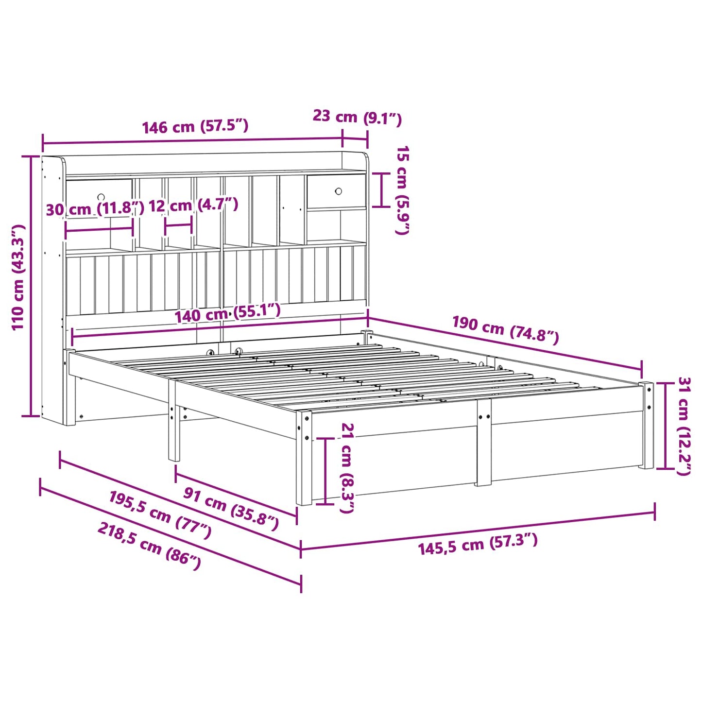 Boekenkast Bedframe met hoofdeinde met lade Massief Vurenhout
