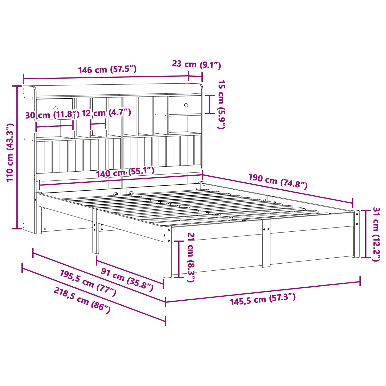 Boekenkast Bedframe met hoofdeinde met lade Massief Vurenhout