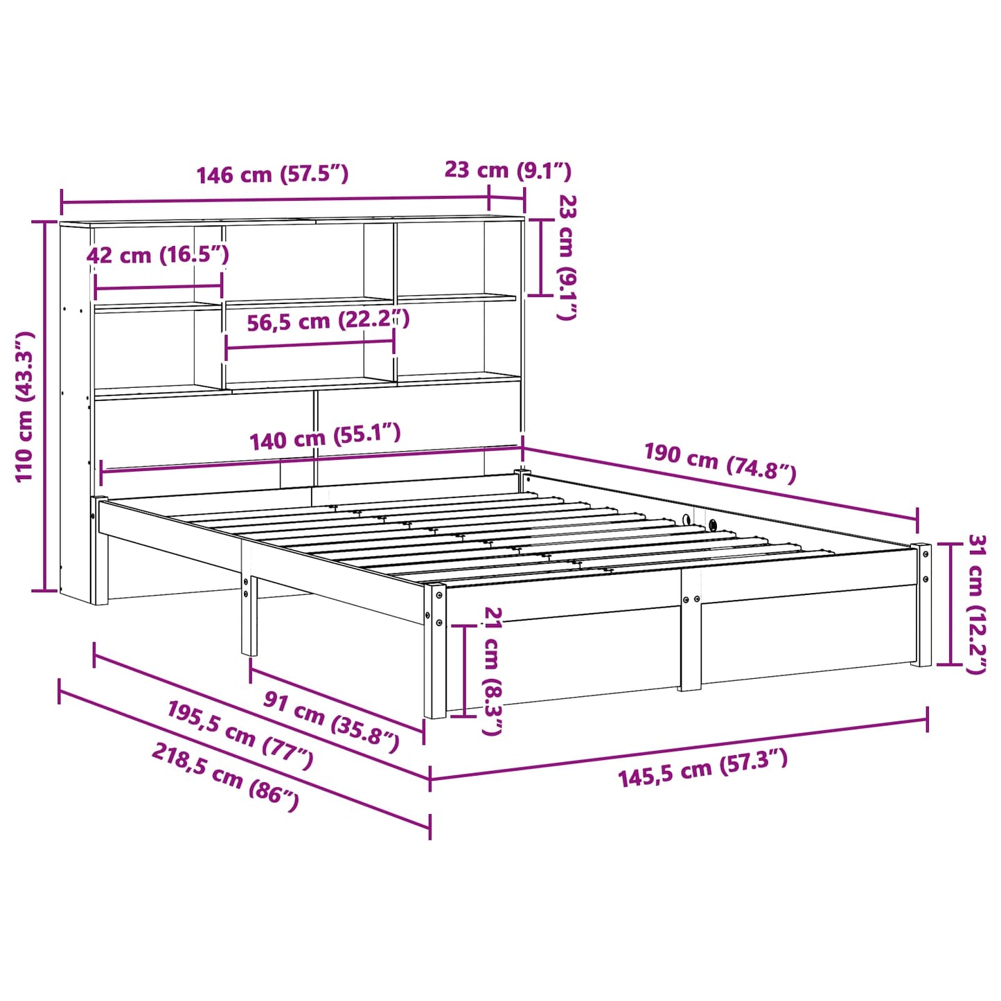 Bedframe met opberghoofdeksel Waskleur Bruin 140 x 190 cm
