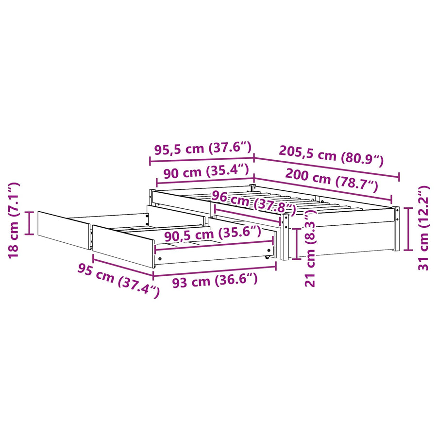 Bedframe met lade met opslag 3 pcs Wasbruin Grenenhout