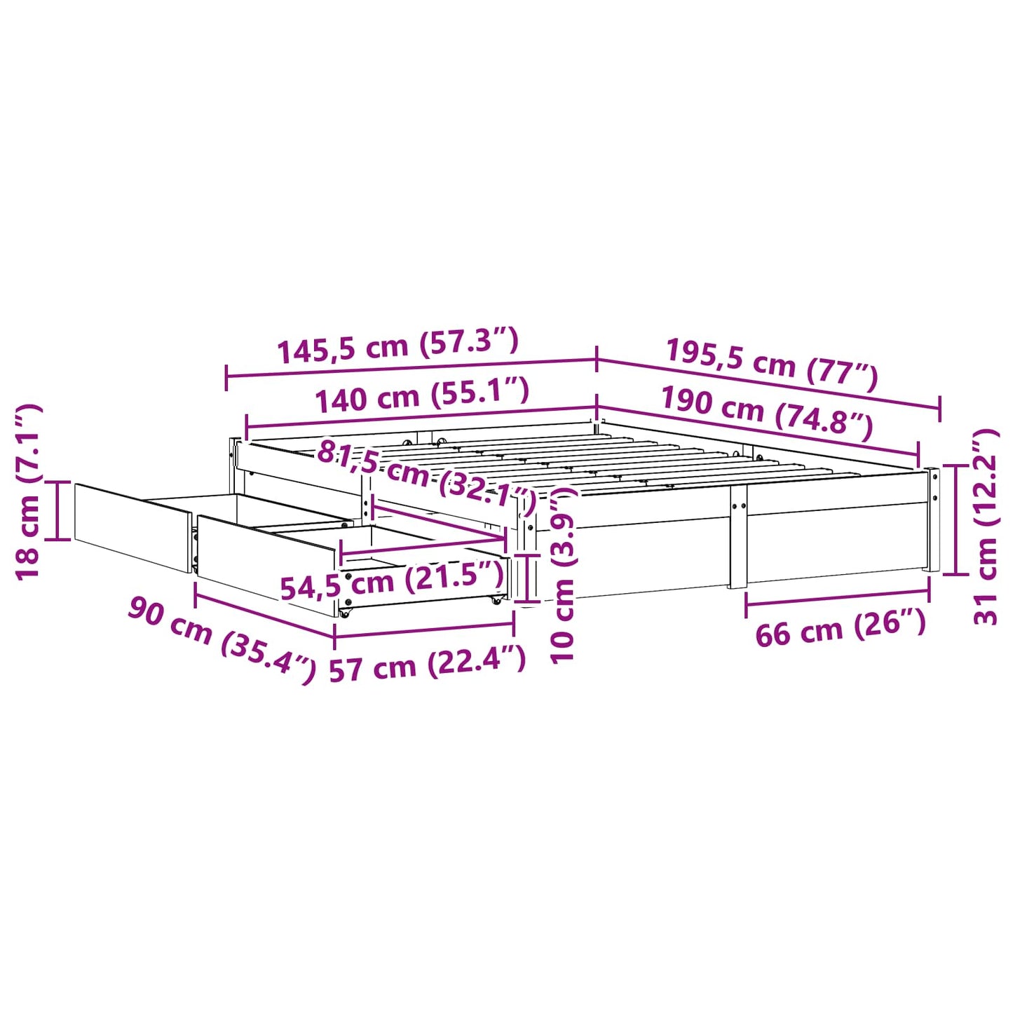 Bedframe met lade met opslag Massief Vurenhout