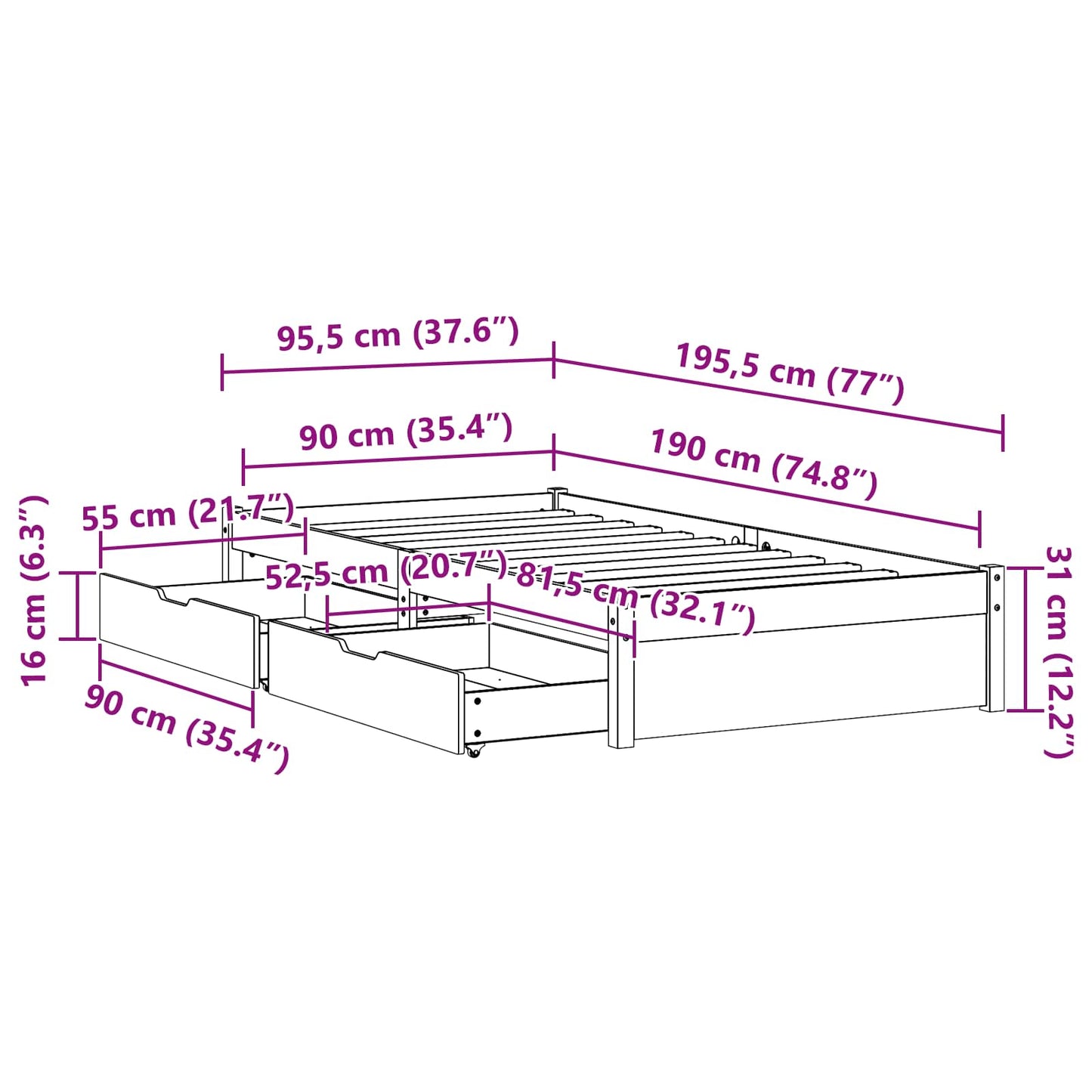 Bedframe met lade met opslag Wasbruin Massief Vurenhout