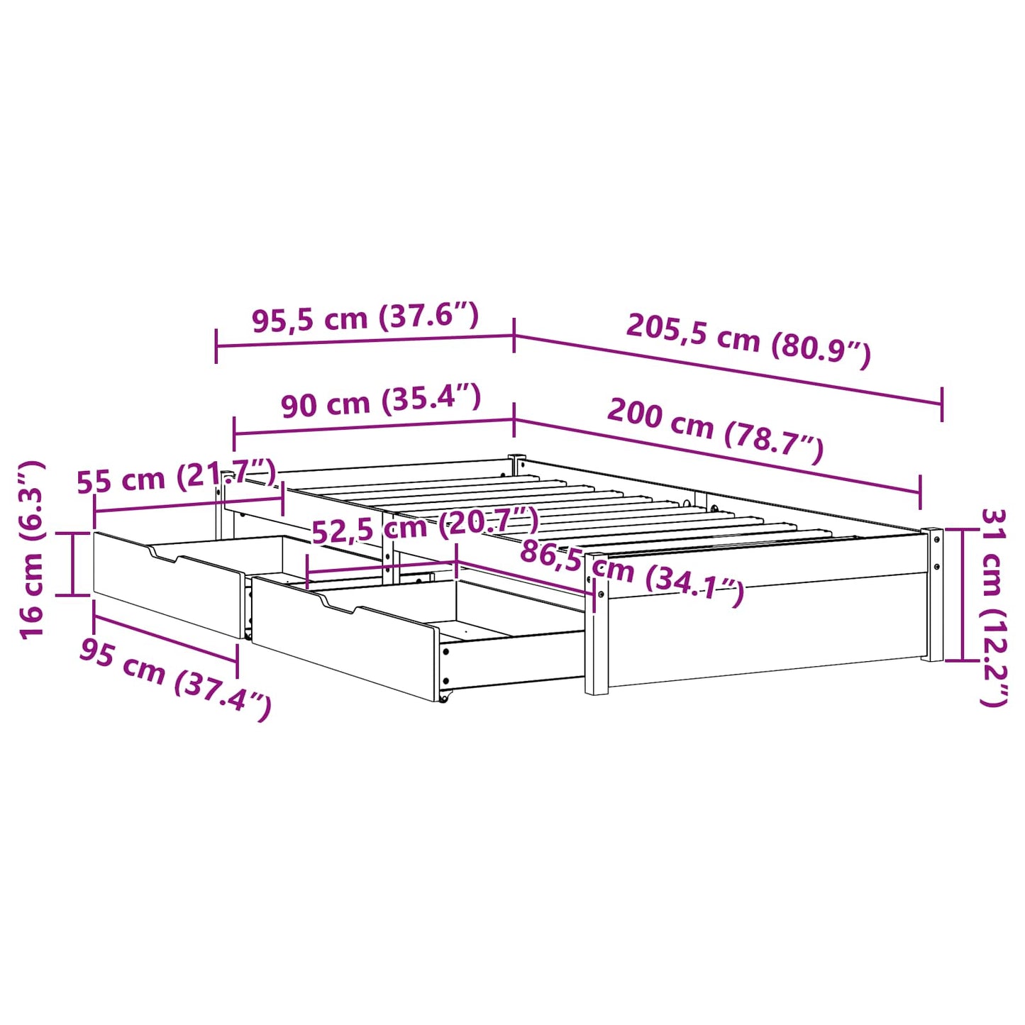 Bedframe met lade met opslag Wasbruin Massief Vurenhout