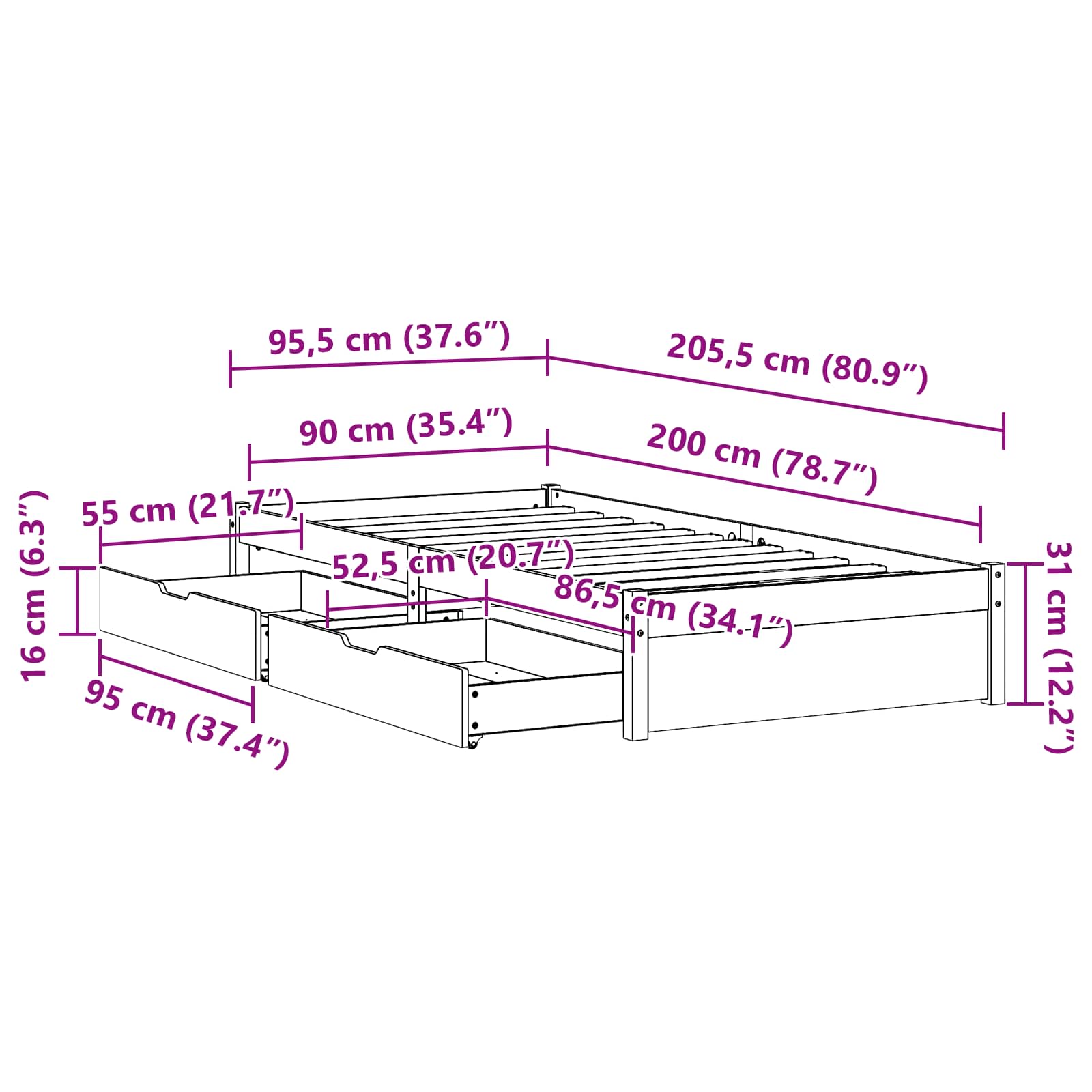 Bedframe met lade met opslag Wasbruin Massief Vurenhout