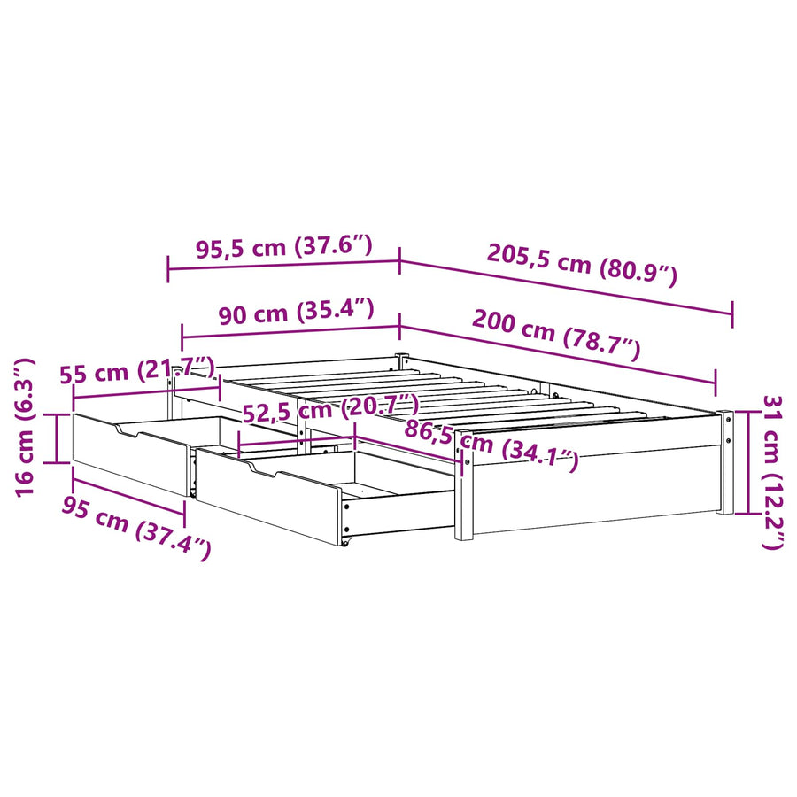 Bedframe met lade met opslag Wasbruin Massief Vurenhout