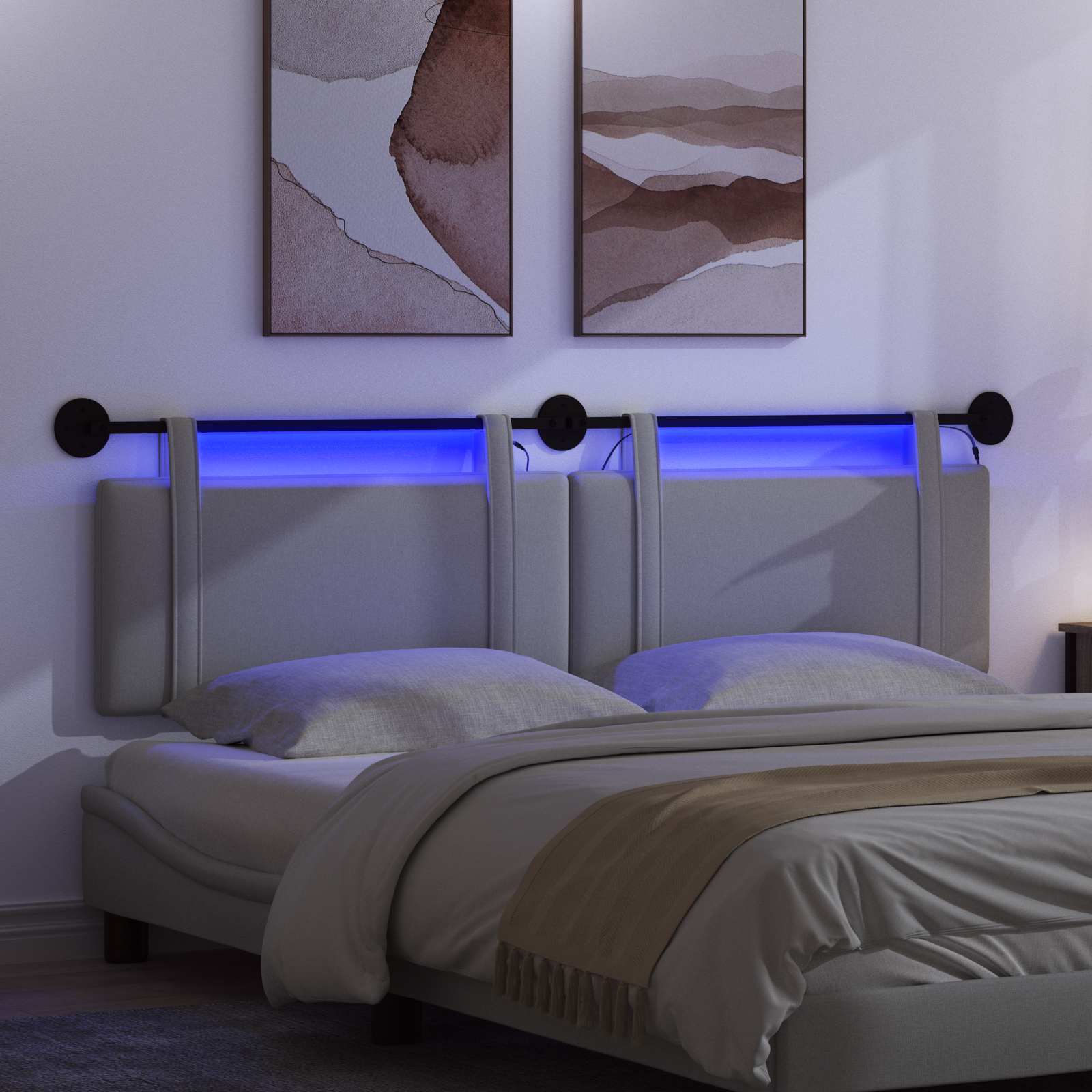 Hangend hoofdbord Met LED-verlichting Lichtgrijs Stof