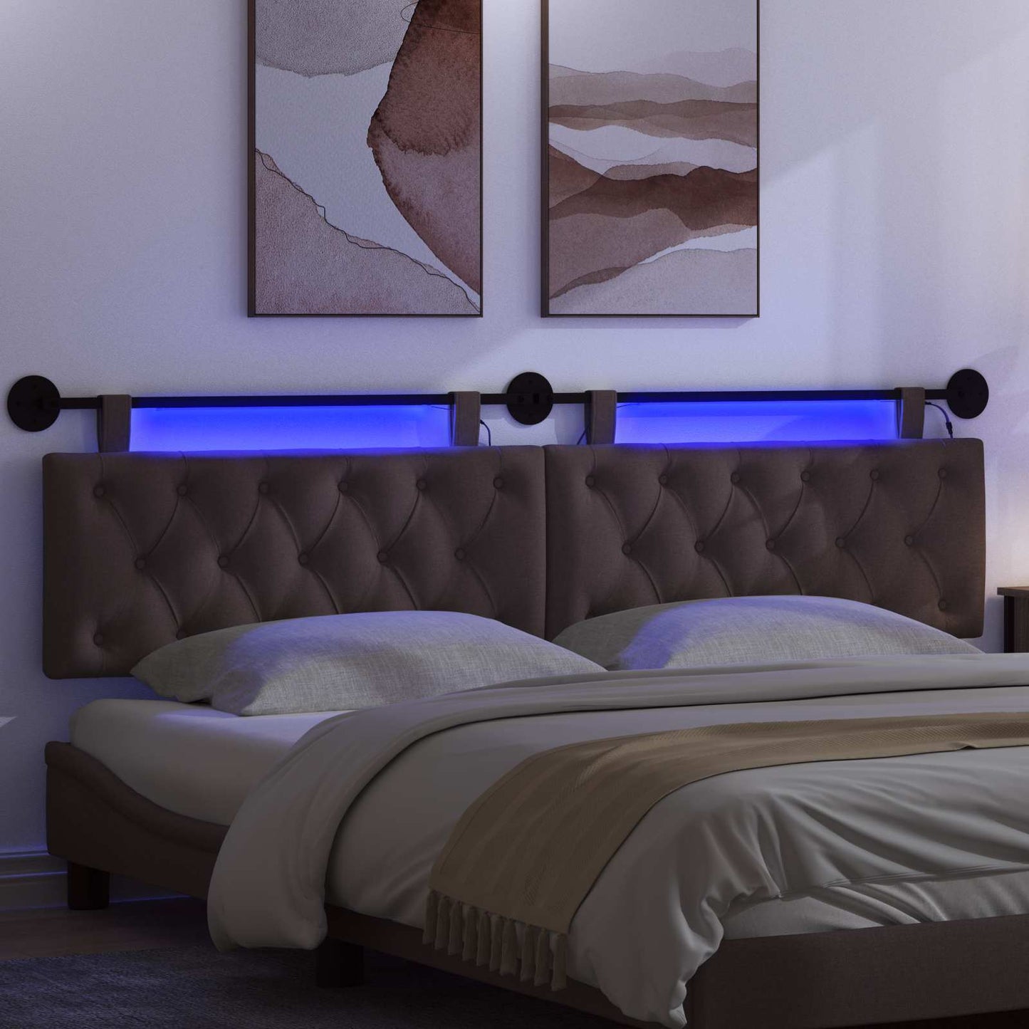 Hangend hoofdbord Met LED-verlichting Donkerbruin Stof