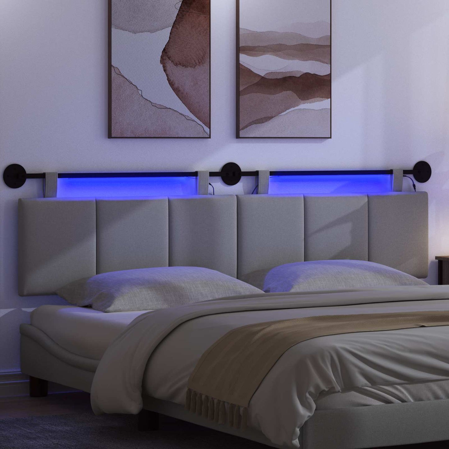 Hangend hoofdbord Met LED-verlichting Lichtgrijs Stof
