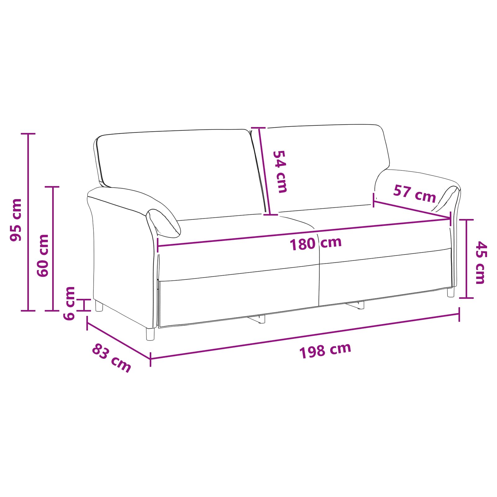 3-Zits Bank Wijnrood 198 x 83 x 95 cm Fluweel