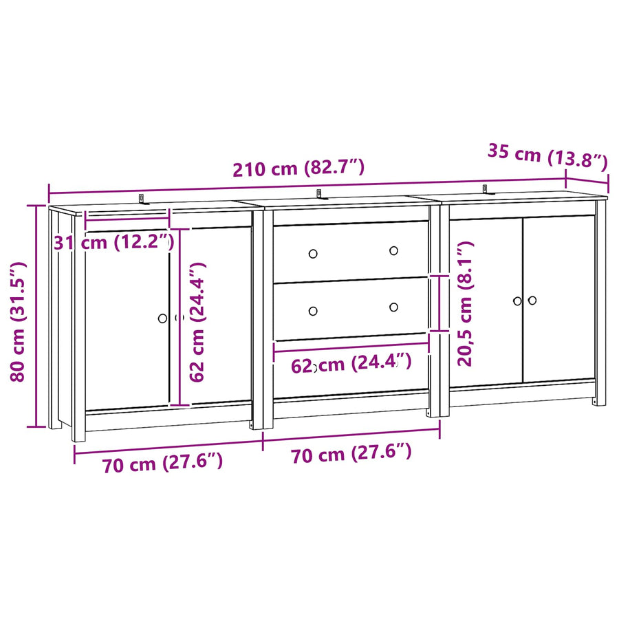 Dressoir met lade 3 pcs Wasbruin Massief grenenhout
