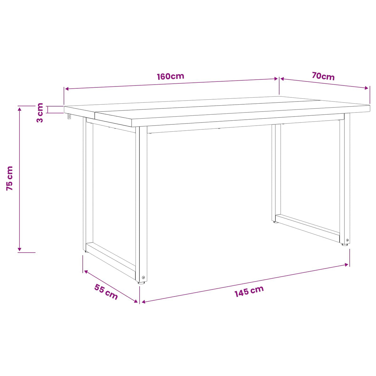 Vierkante Eettafel 160 x 70 x 75 cm Massief Acaciahout