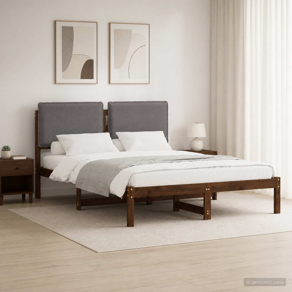 Bedframe met gestoffeerd hoofdbord Donkerbruin en lichtgrijs