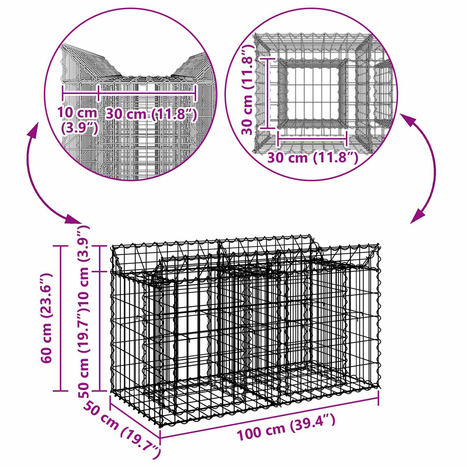 Gabion Verhoogd Bed Zilver 100 x 50 x 60 cm