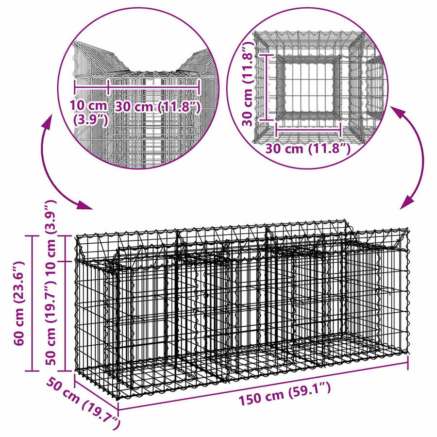 Gabion Verhoogd Bed Zilver 150 x 50 x 60 cm