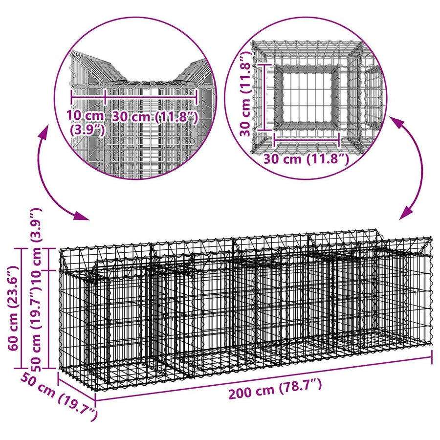 Gabion Verhoogd Bed Zilver 200 x 50 x 60 cm