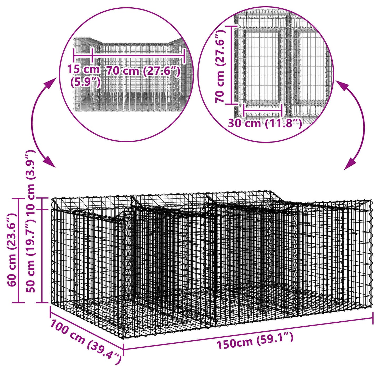 Gabion Verhoogd Bed Zilver 150 x 100 x 60 cm