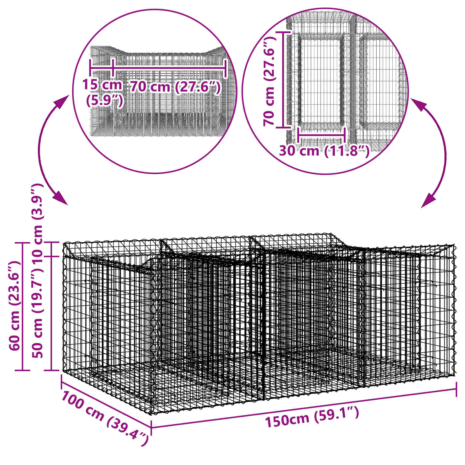 Gabion Verhoogd Bed Zilver 150 x 100 x 60 cm