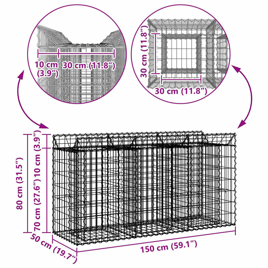 Gabion Verhoogd Bed Zilver 150 x 50 x 80 cm