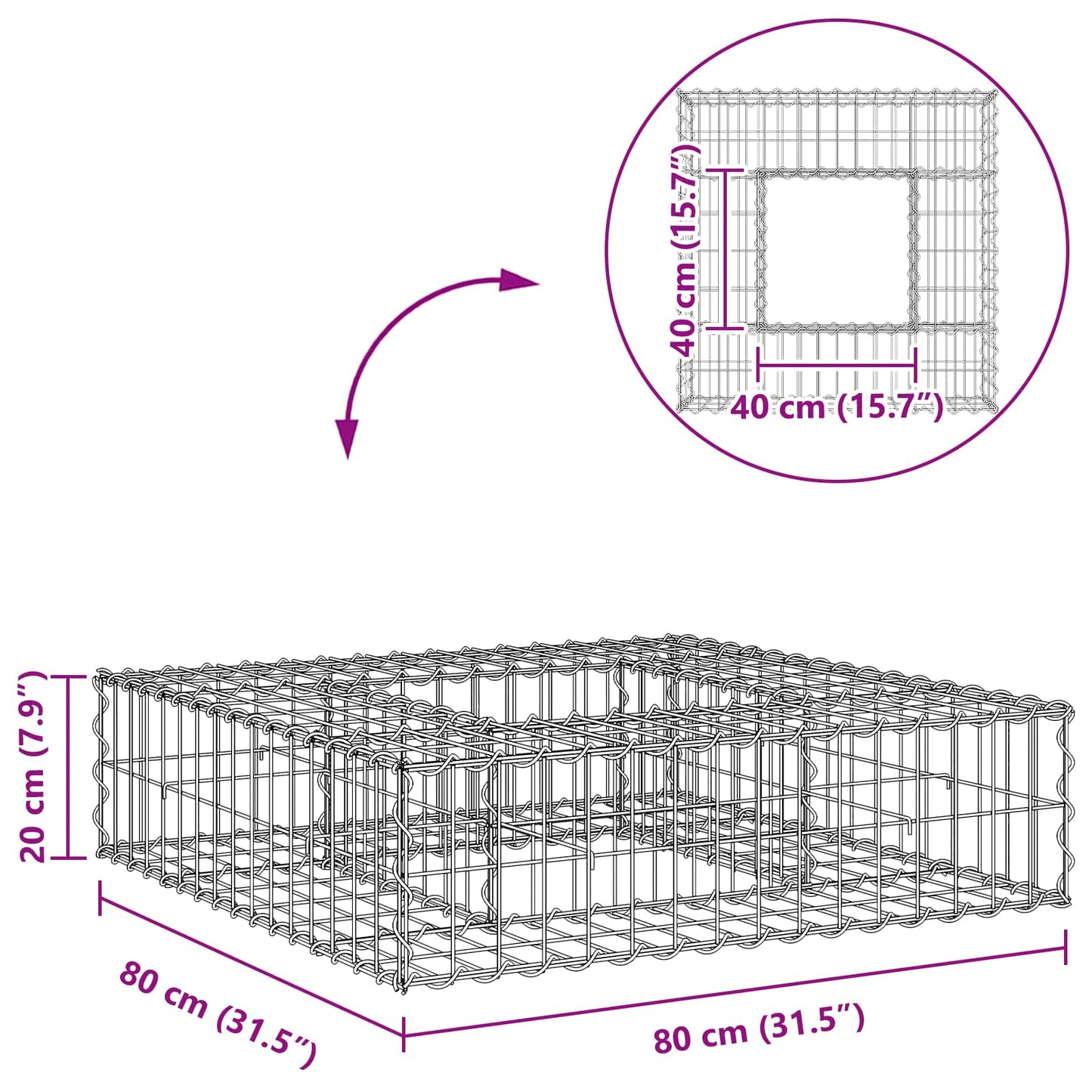 Gabion Verhoogd Bed Zilver 80 x 80 x 20 cm Gegalvaniseerd staal