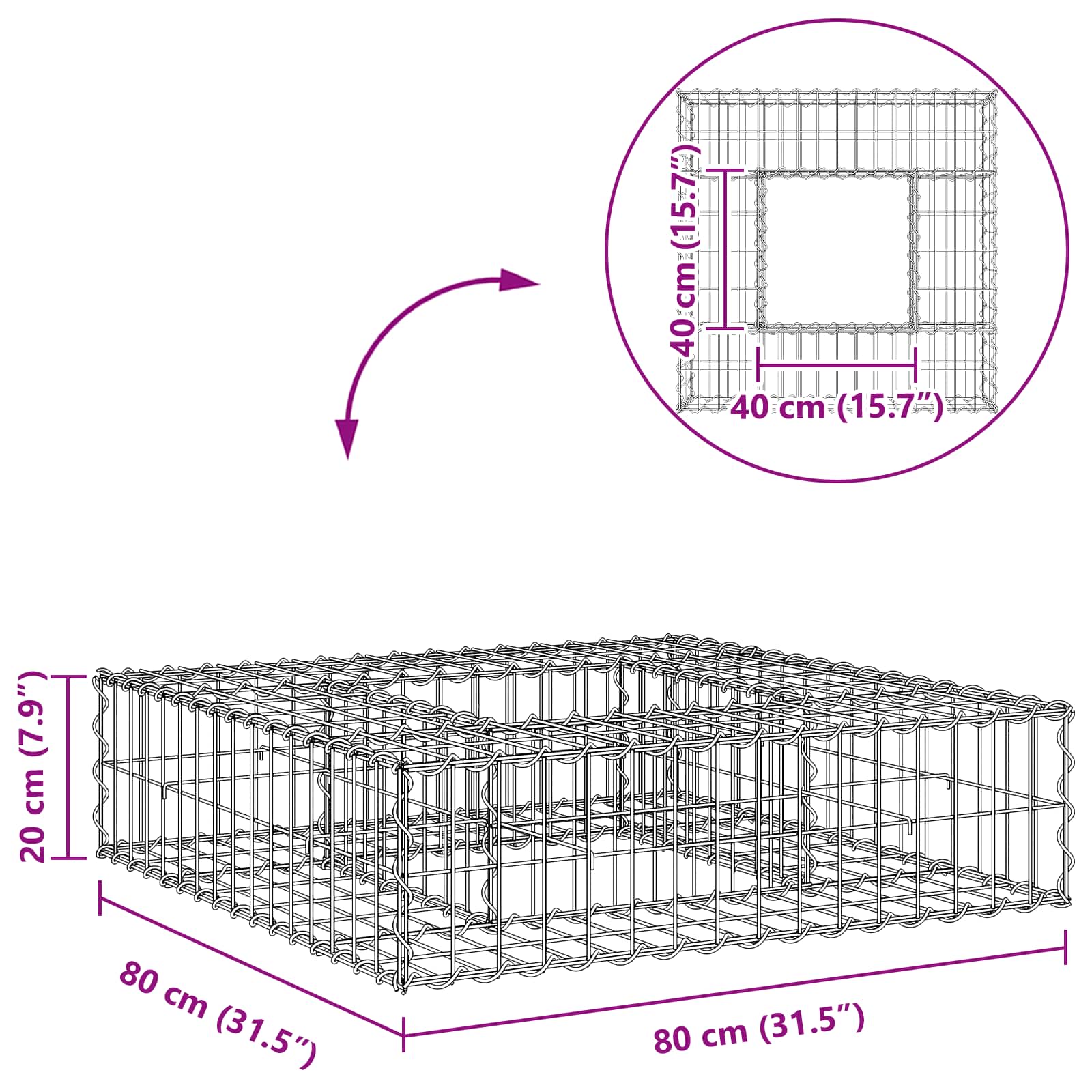 Gabion Verhoogd Bed Zilver 80 x 80 x 20 cm Gegalvaniseerd staal