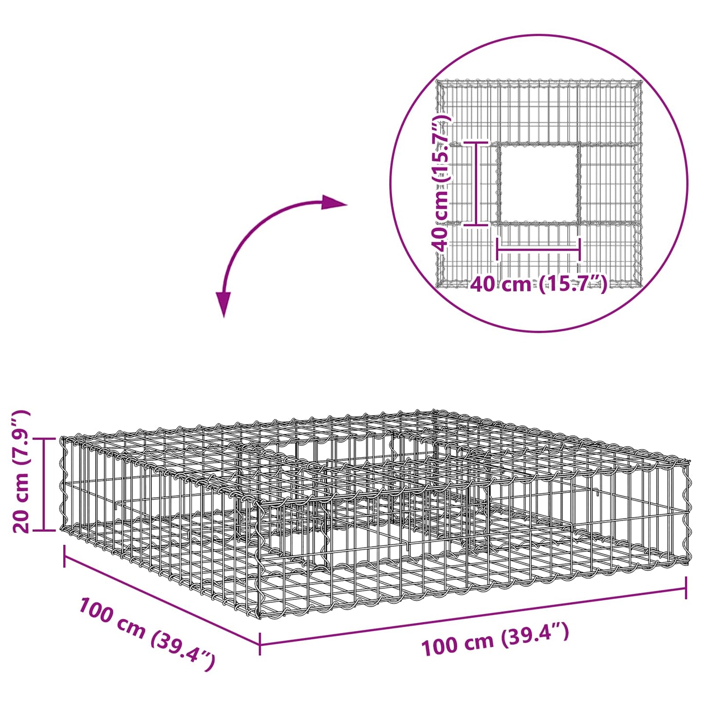 Gabion Verhoogd Bed Zilver 100 x 100 x 20 cm
