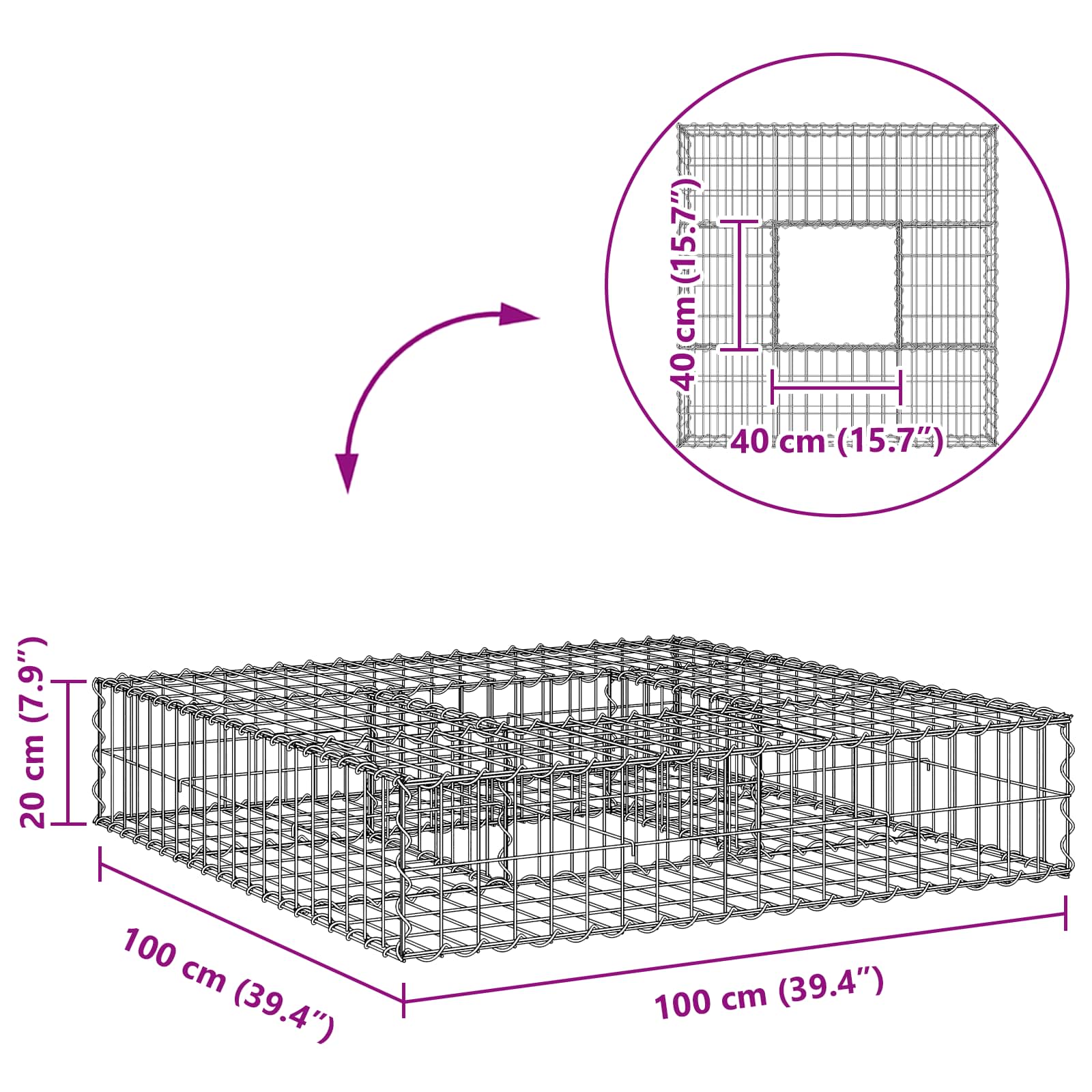 Gabion Verhoogd Bed Zilver 100 x 100 x 20 cm
