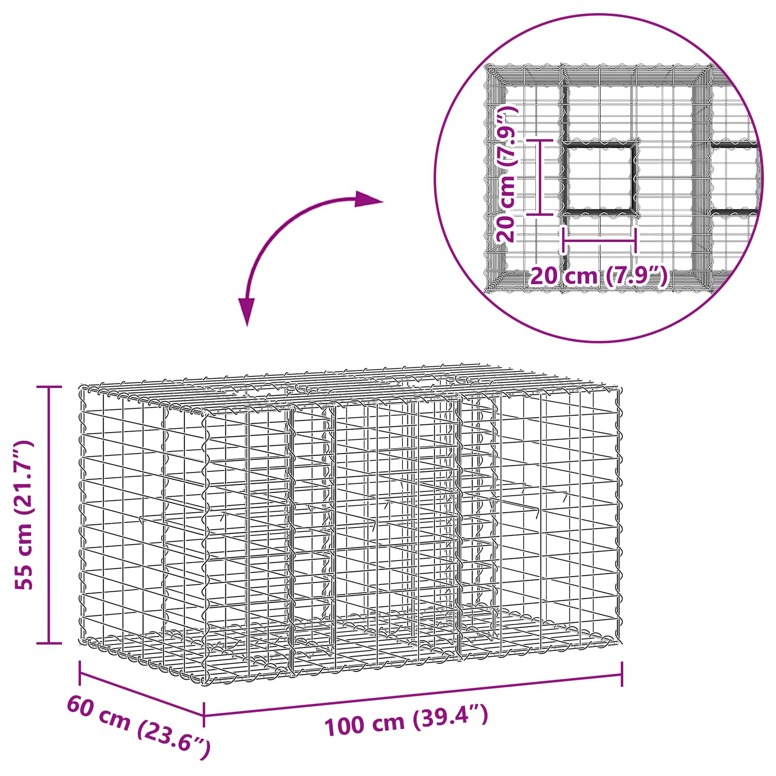 Gabion Verhoogd Bed Zilver 100 x 60 x 55 cm