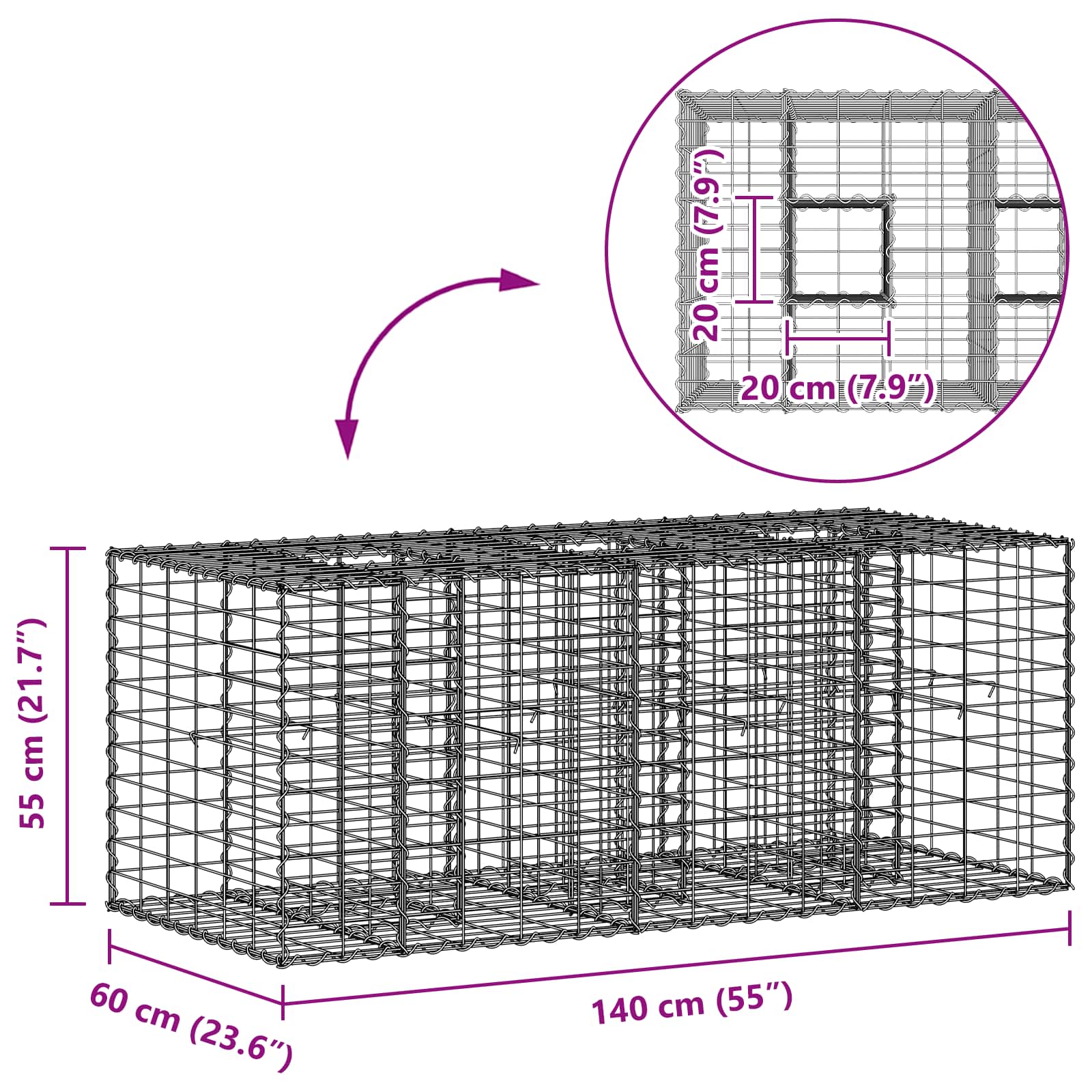 Gabion Verhoogd Bed Zilver 140 x 60 x 55 cm