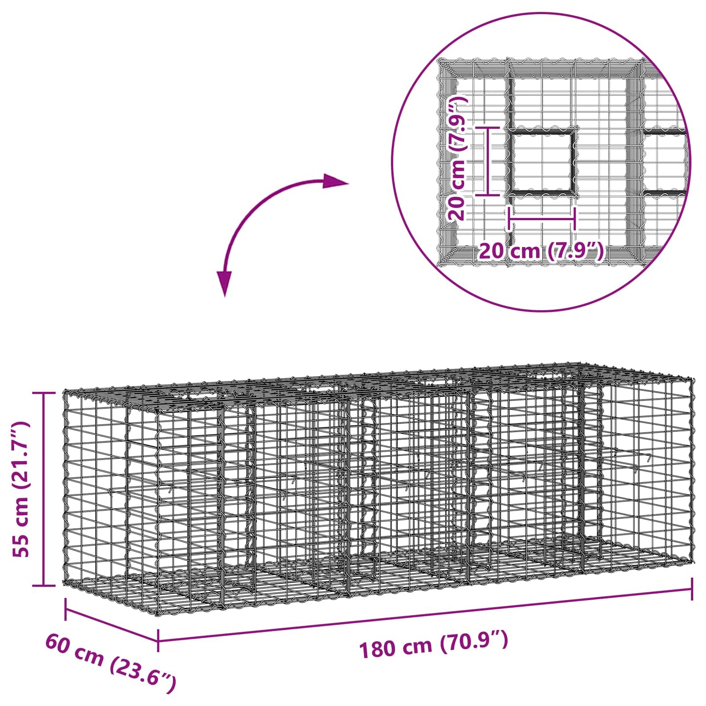 Gabion Verhoogd Bed Zilver 180 x 60 x 55 cm