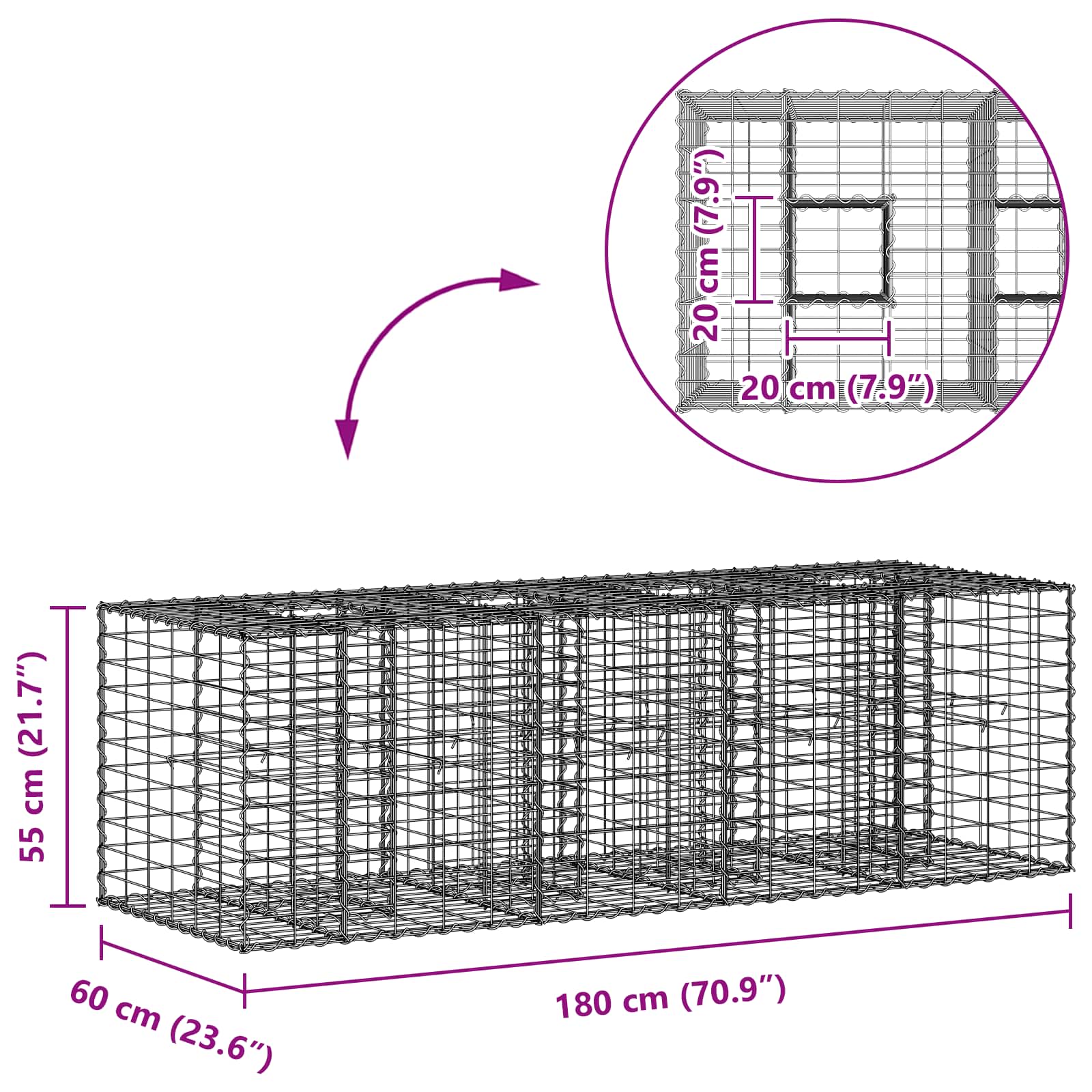 Gabion Verhoogd Bed Zilver 180 x 60 x 55 cm