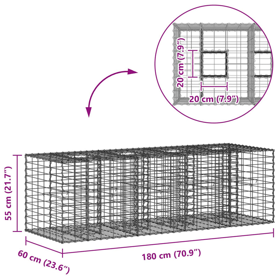 Gabion Verhoogd Bed Zilver 180 x 60 x 55 cm