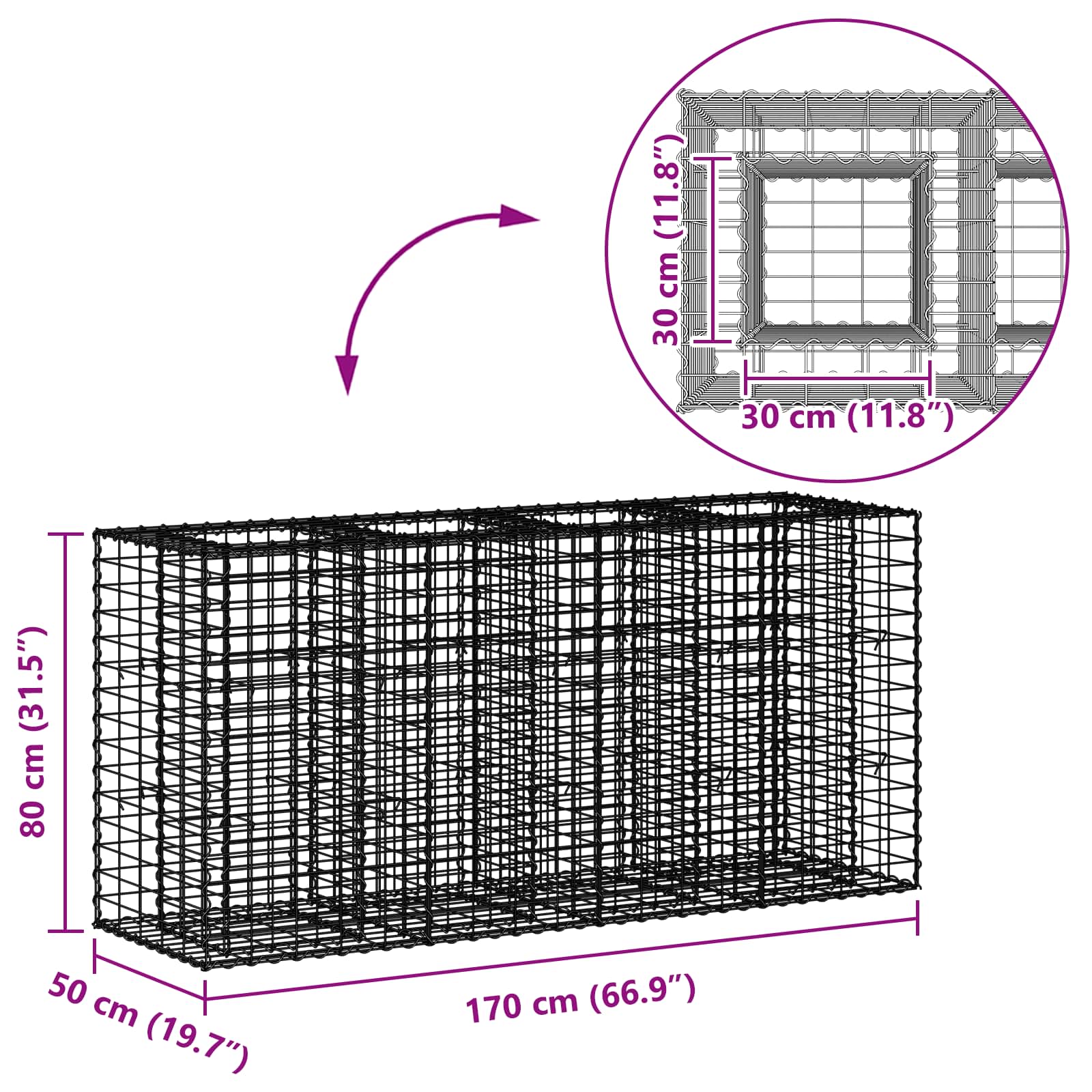 Gabion Verhoogd Bed Zilver 170 x 50 x 80 cm