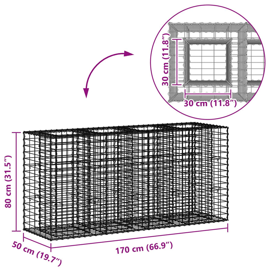 Gabion Verhoogd Bed Zilver 170 x 50 x 80 cm