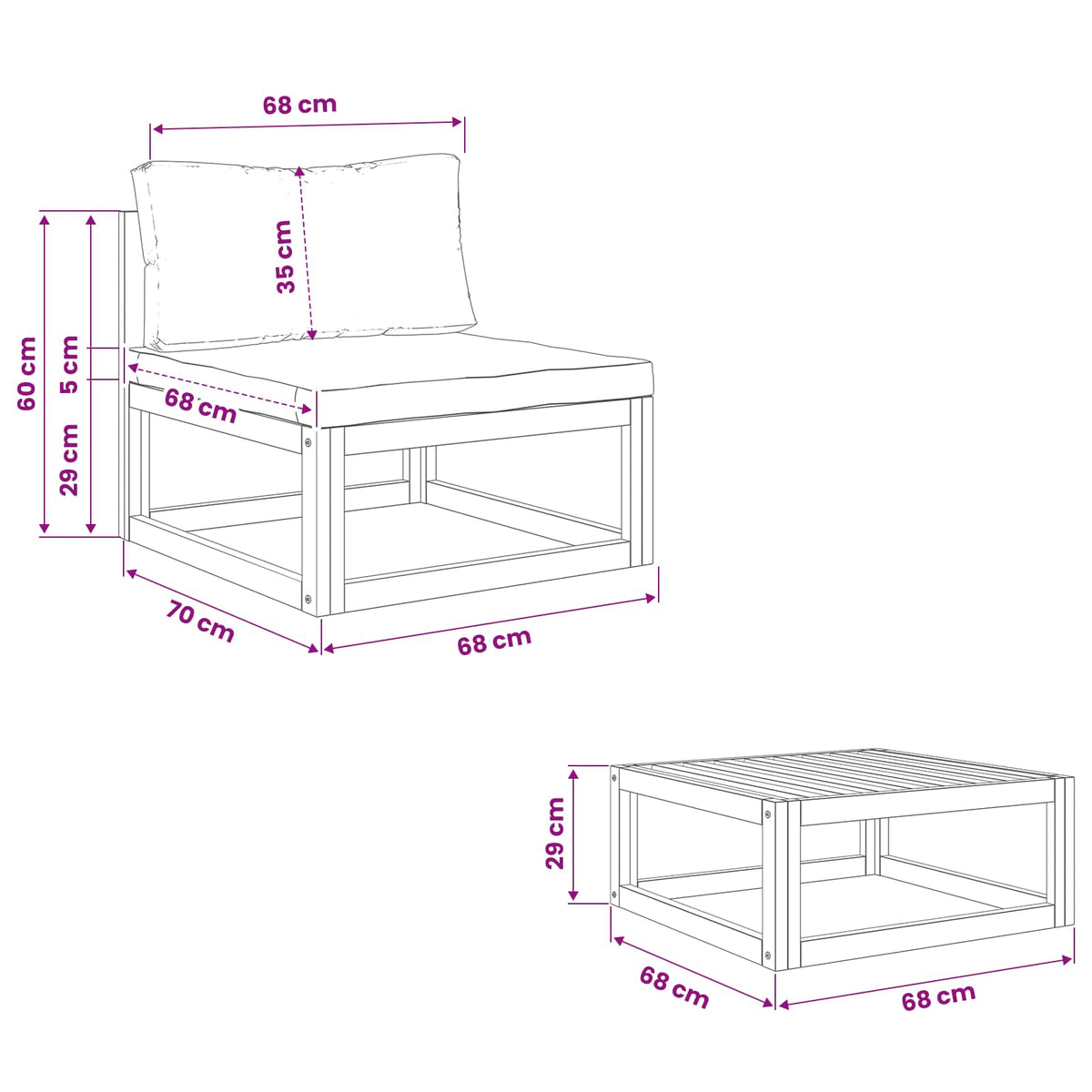 Modulaire bankset met kussens 2 st Massief Acaciahout Naturel