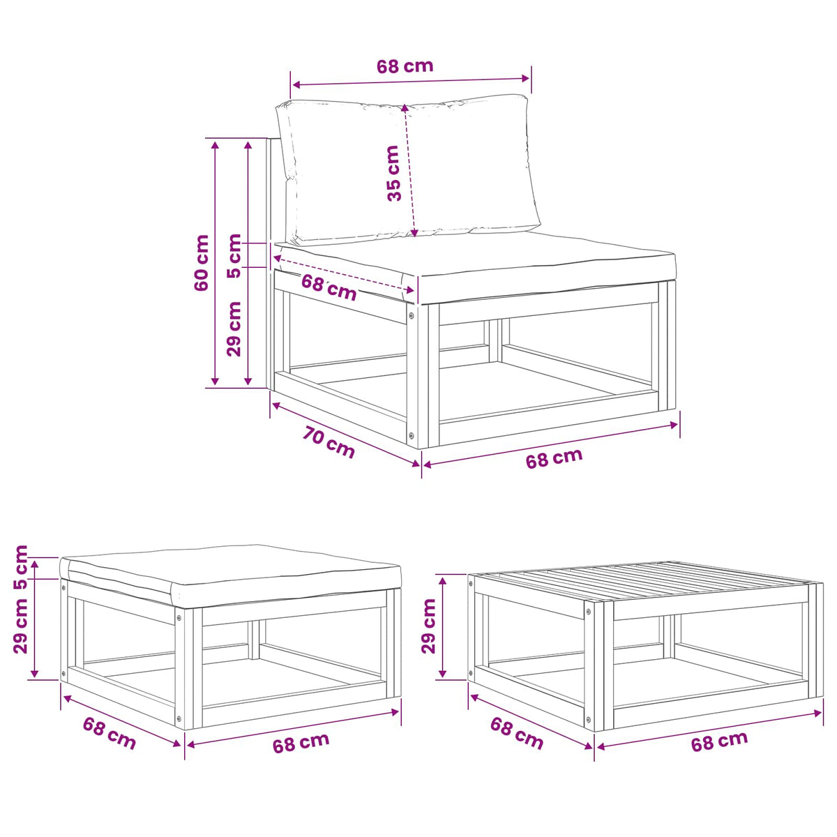 Modulaire bankset met kussens 3 st 2-zits Massief Acaciahout