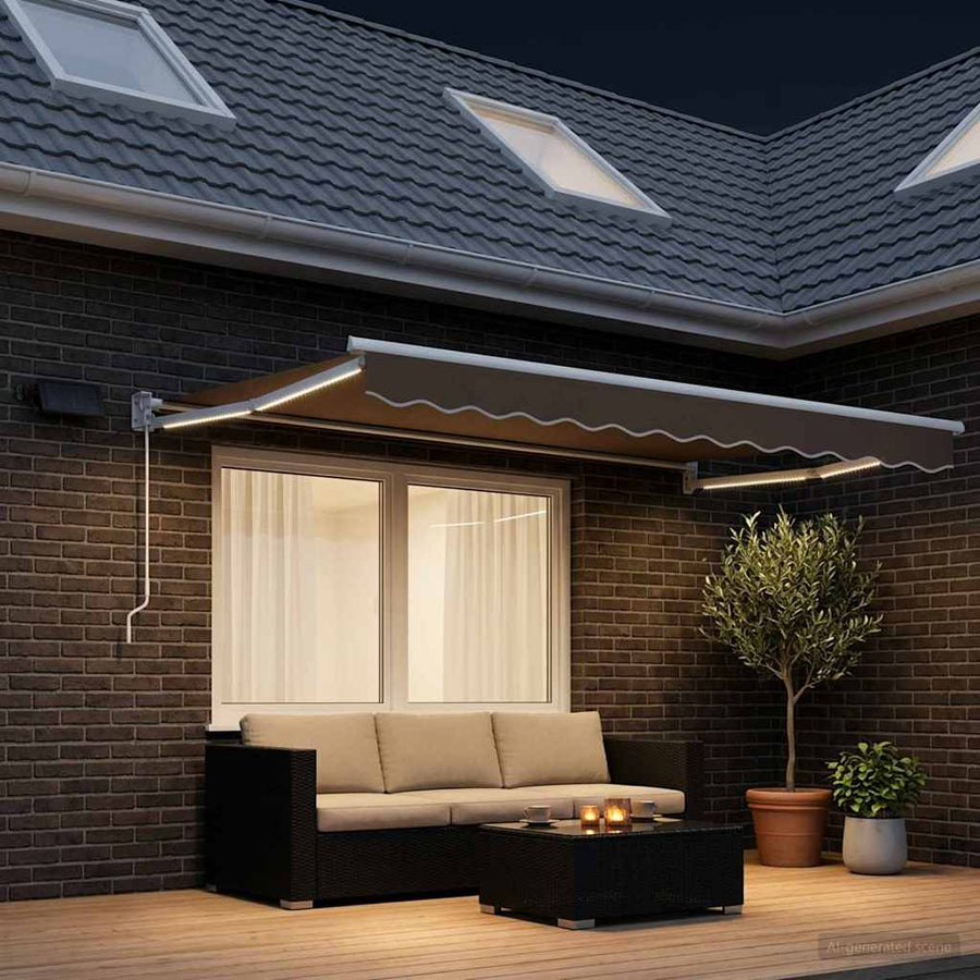 Handbediende luifel met LED's Taupe 100% Polyester en Aluminium
