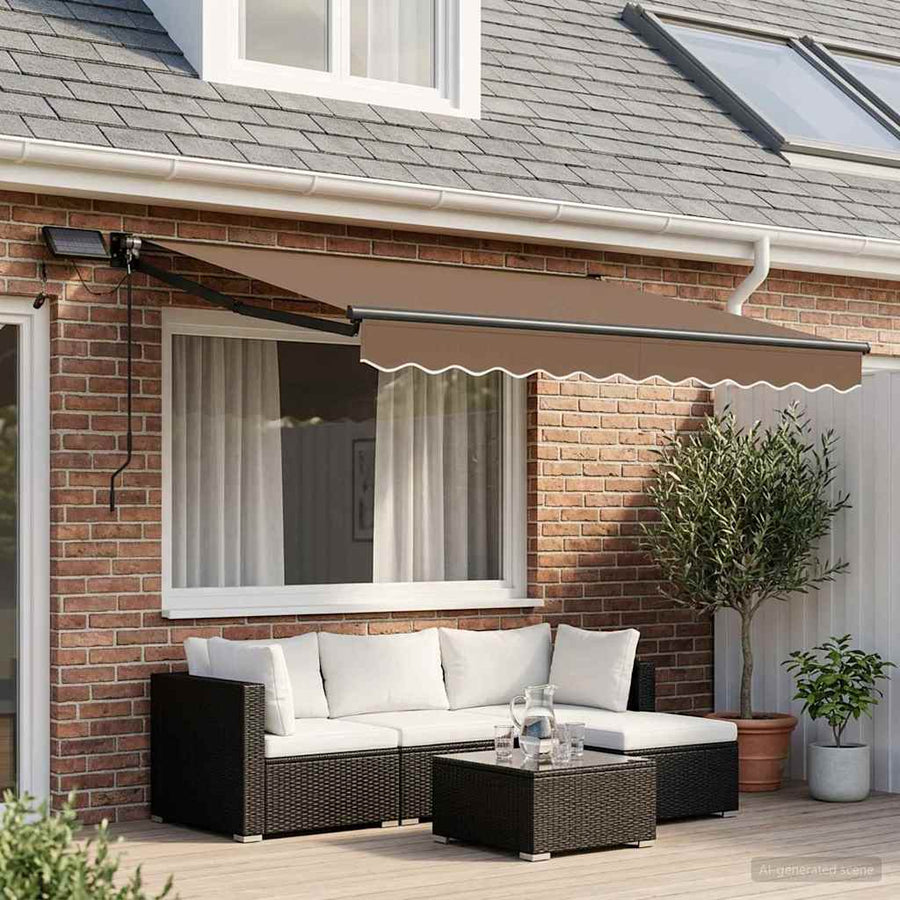 Handbediende luifel met LED's Taupe 100% Polyester en Aluminium