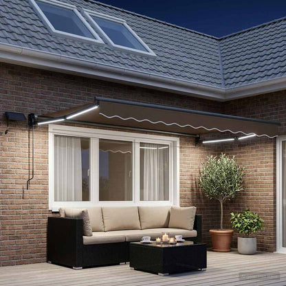 Handbediende luifel met LED's Taupe 100% Polyester en Aluminium