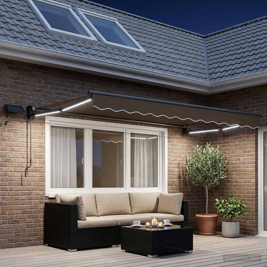 Handbediende luifel met LED's Taupe 100% Polyester en Aluminium