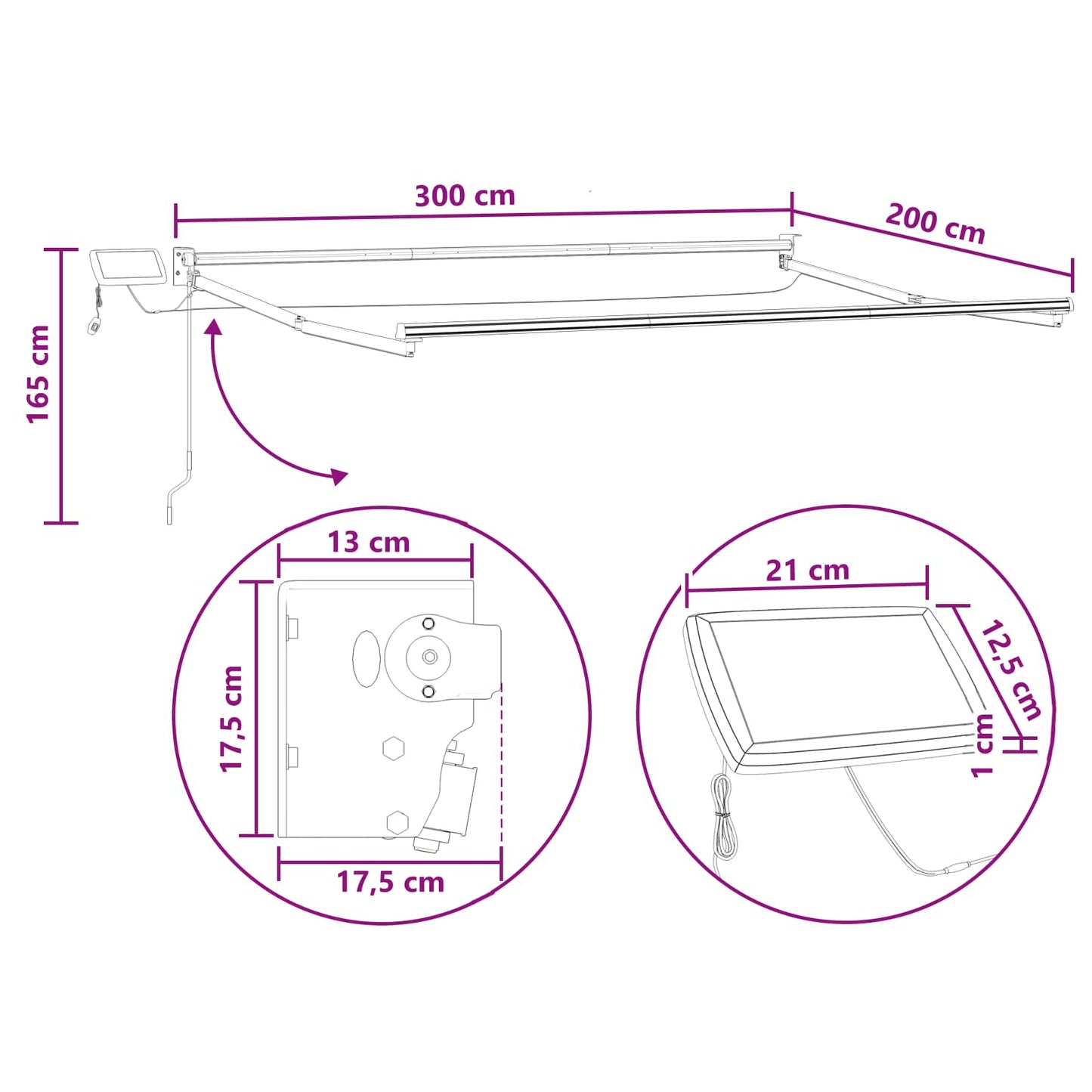 Handbediende luifel met LED's Taupe 100% Polyester en Aluminium