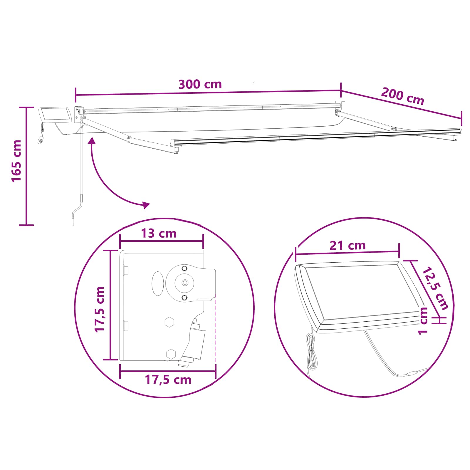 Handbediende luifel met LED's Taupe 100% Polyester en Aluminium