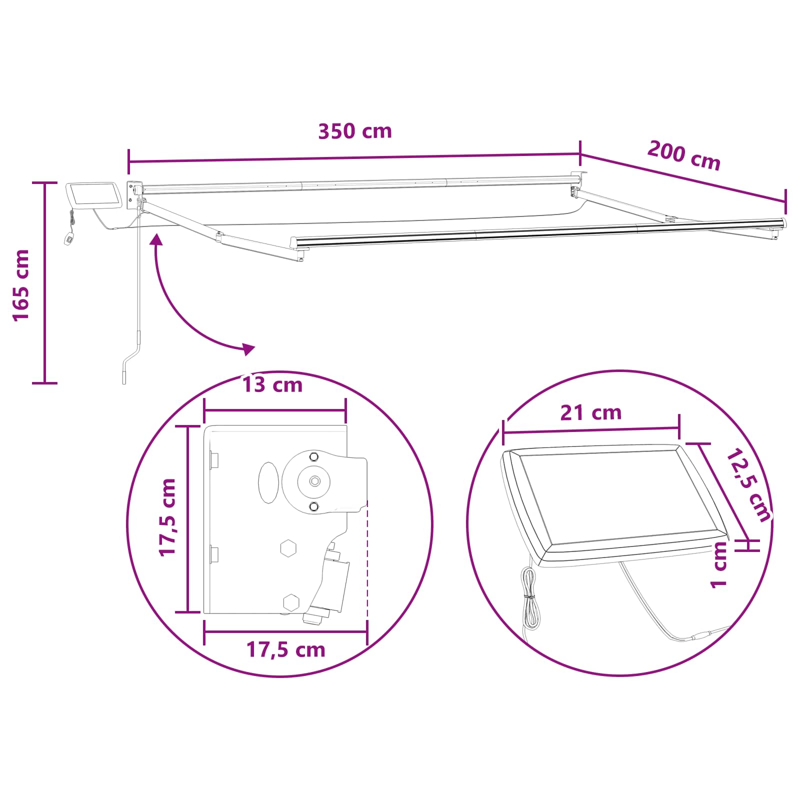 Handbediende luifel met LED's Taupe 100% Polyester en Aluminium
