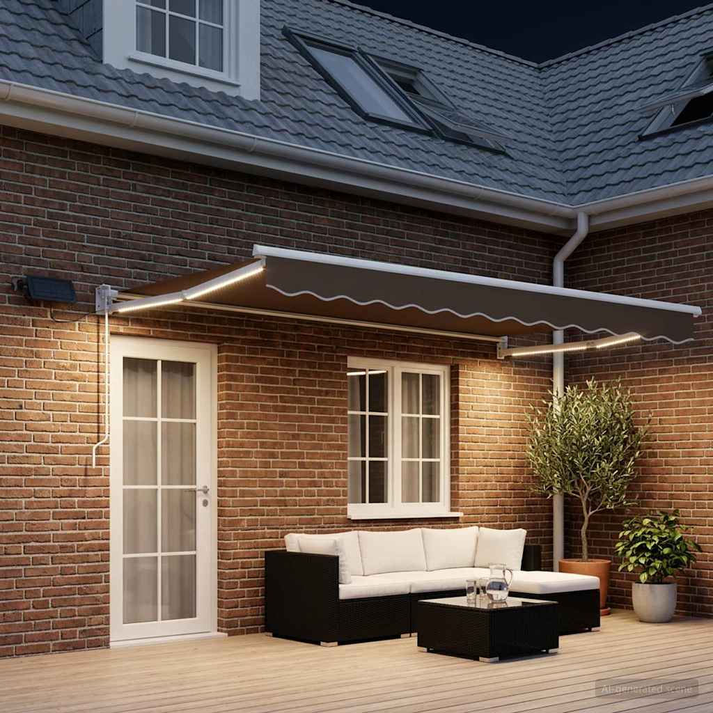 Handbediende luifel met LED's Taupe 100% Polyester en Aluminium