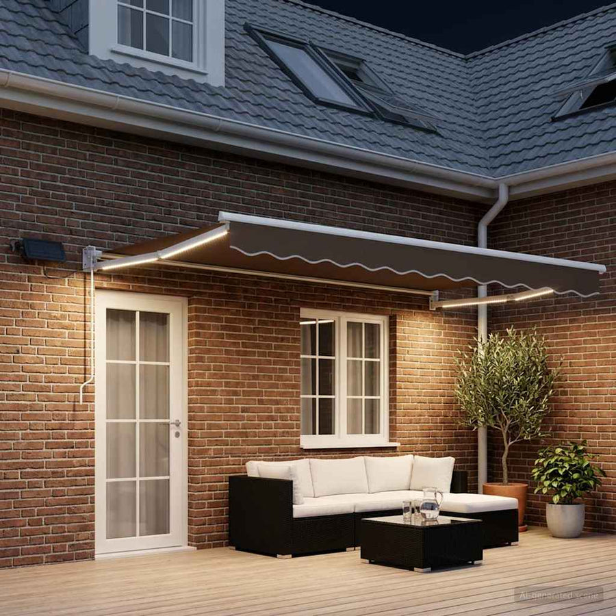 Handbediende luifel met LED's Taupe 100% Polyester en Aluminium