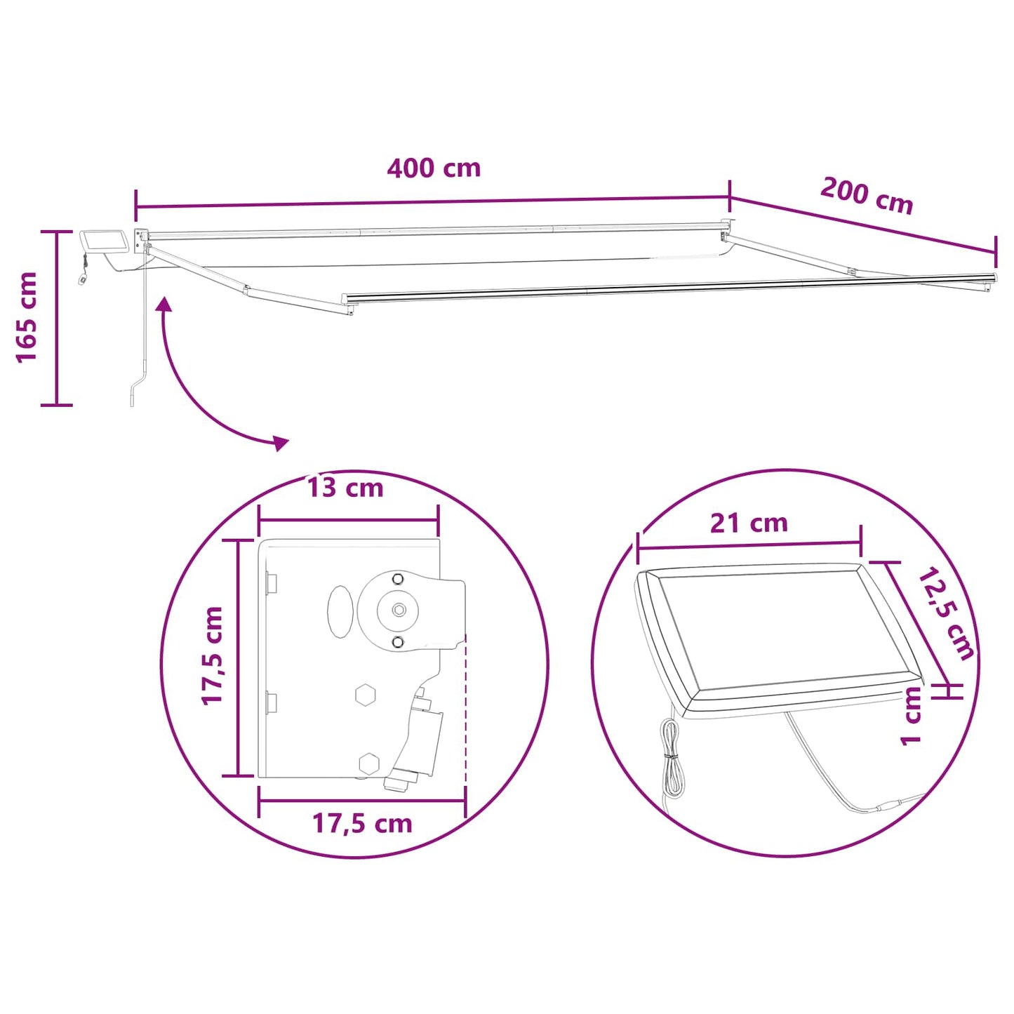 Handbediende luifel met LED's Taupe 100% Polyester en Aluminium