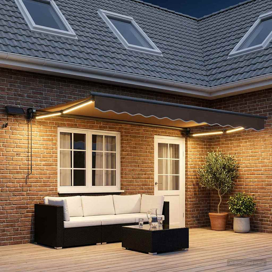 Handbediende luifel met LED's Taupe 100% Polyester en Aluminium